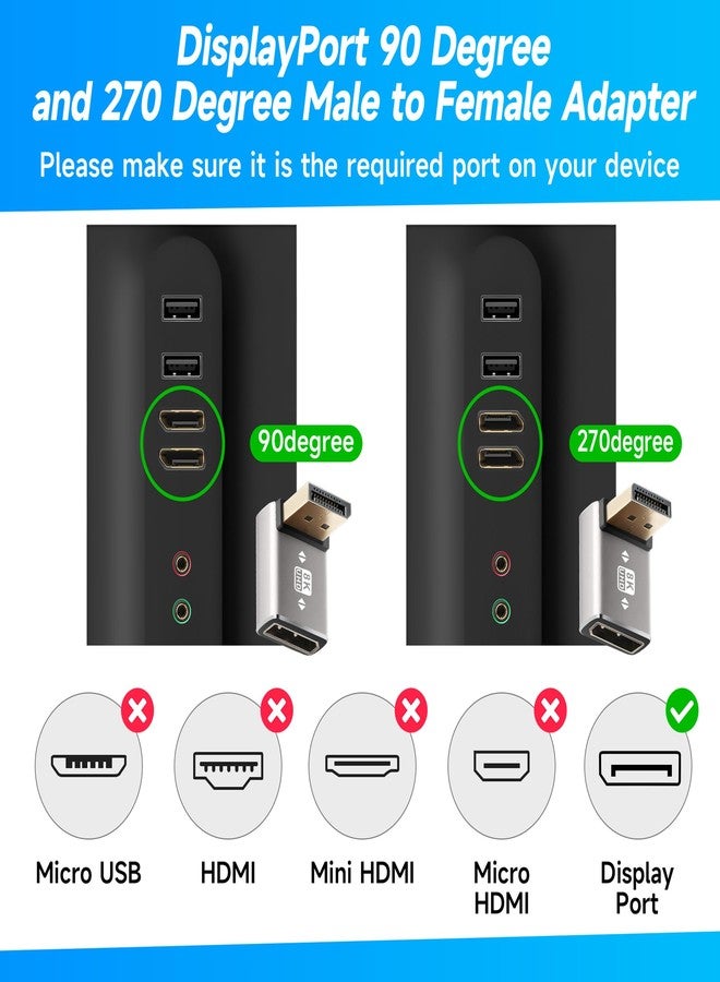 Togconn 8K 90 Degree DisplayPort 1.4 Adapter 2-Pack, (Up and Down) Right Angle DP Male to Female Display Port L-Shaped Connector Extender Support 8K@60Hz,4K@144Hz for Wall TV, Monitor, Laptop and PC - Image 2
